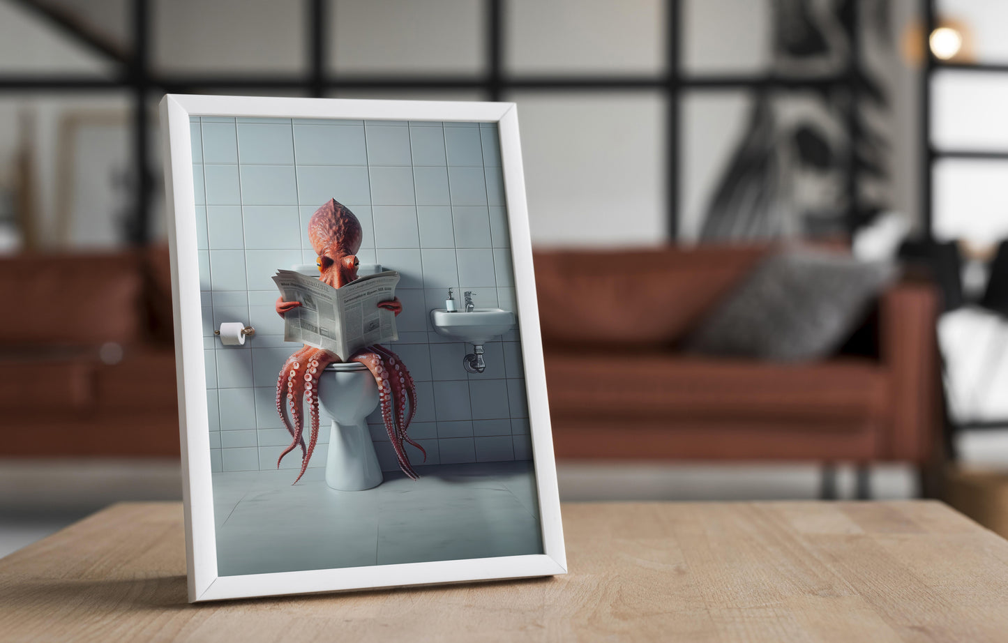 Funny Bathroom Wall Art – Octopus Reading Newspaper Toilet Poster | Unique WC Decoration & Humorous Gift