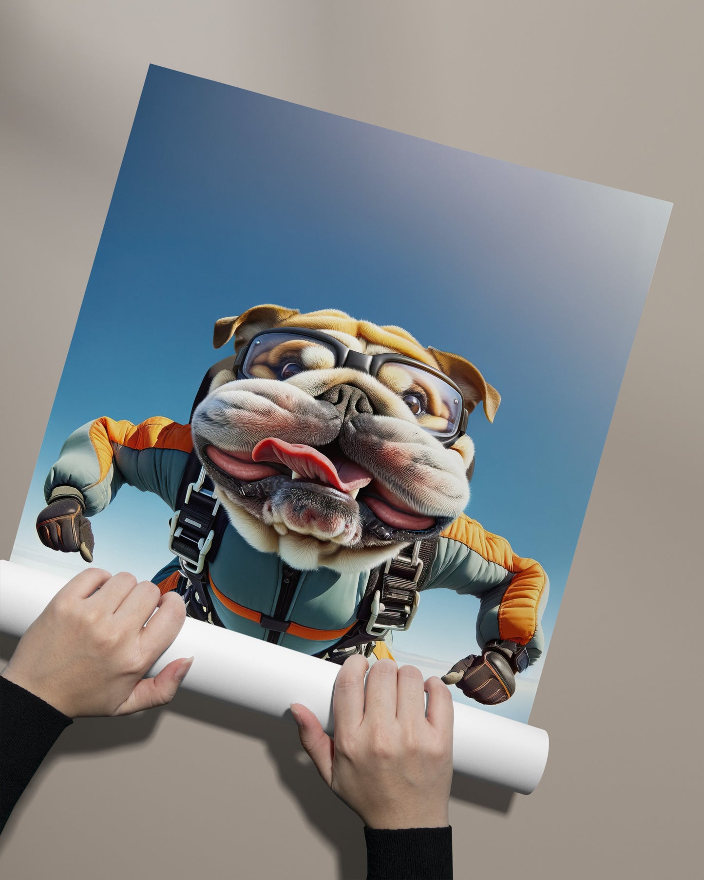 Affiche mural Bulldog Anglais en chute libre, Poster Saut en Parachute, Décor Animal Skydiving, Idée cadeau unique