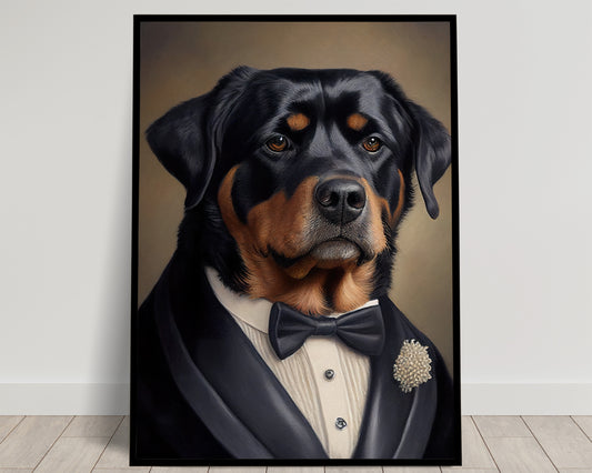 Rottweiler in Tuxedo Poster - Chic Wall Art Print, Humorous Dog Painting for Home Decor