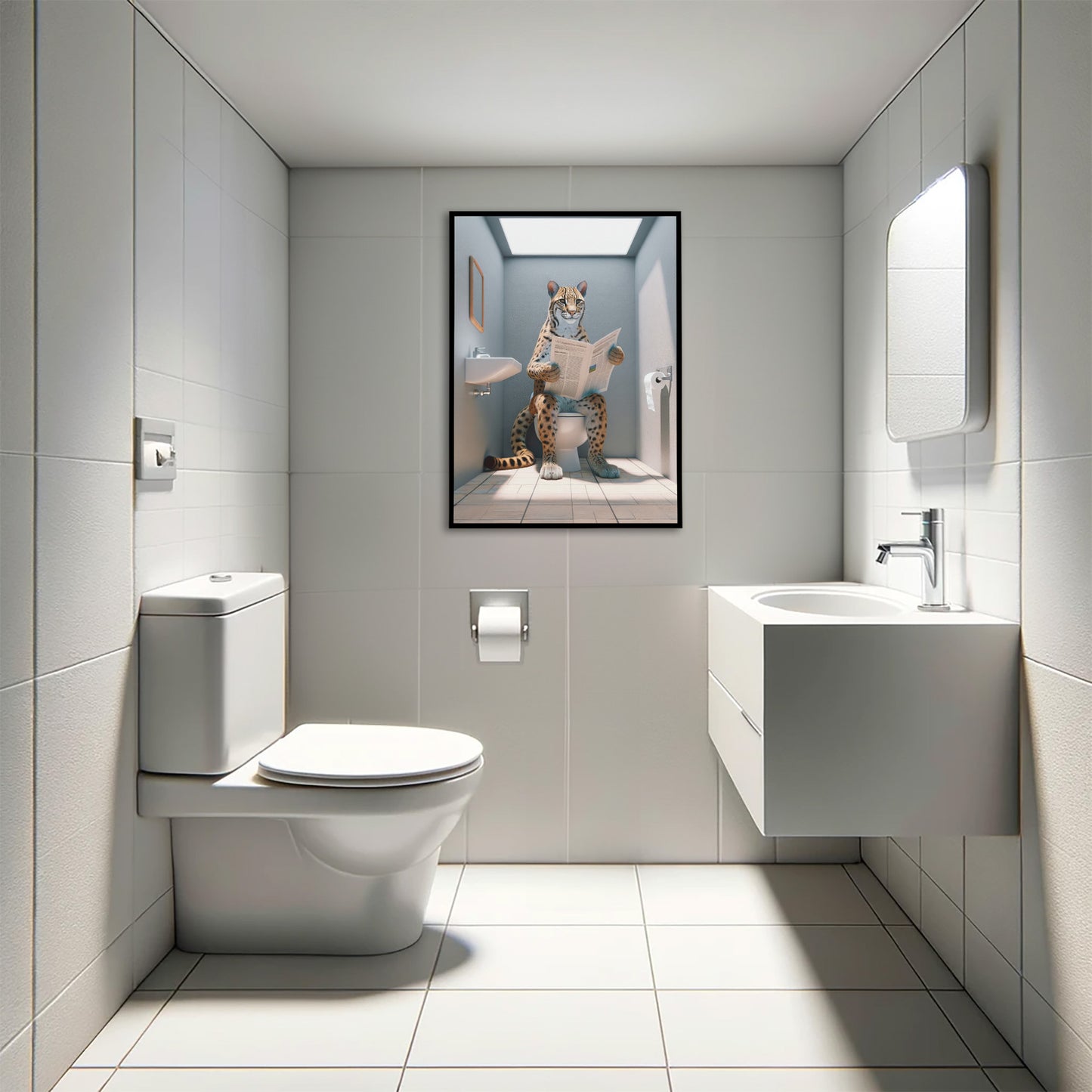 Poster Humour Ocelot sur Toilettes, Décoration WC Unique, Cadre Salle de Bain, Idée Cadeau Amusante, Art Mural Original