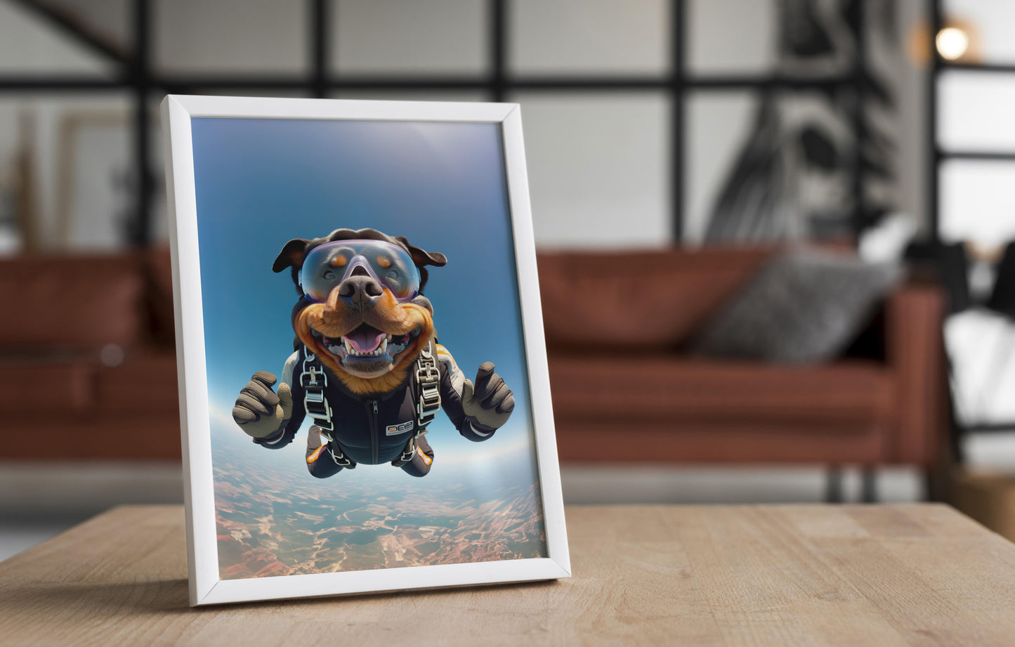 Poster Chien Rottweiler en Chute Libre - Affiche Murale Saut en Parachute - Décor Sport Extrême - Cadeau Unique