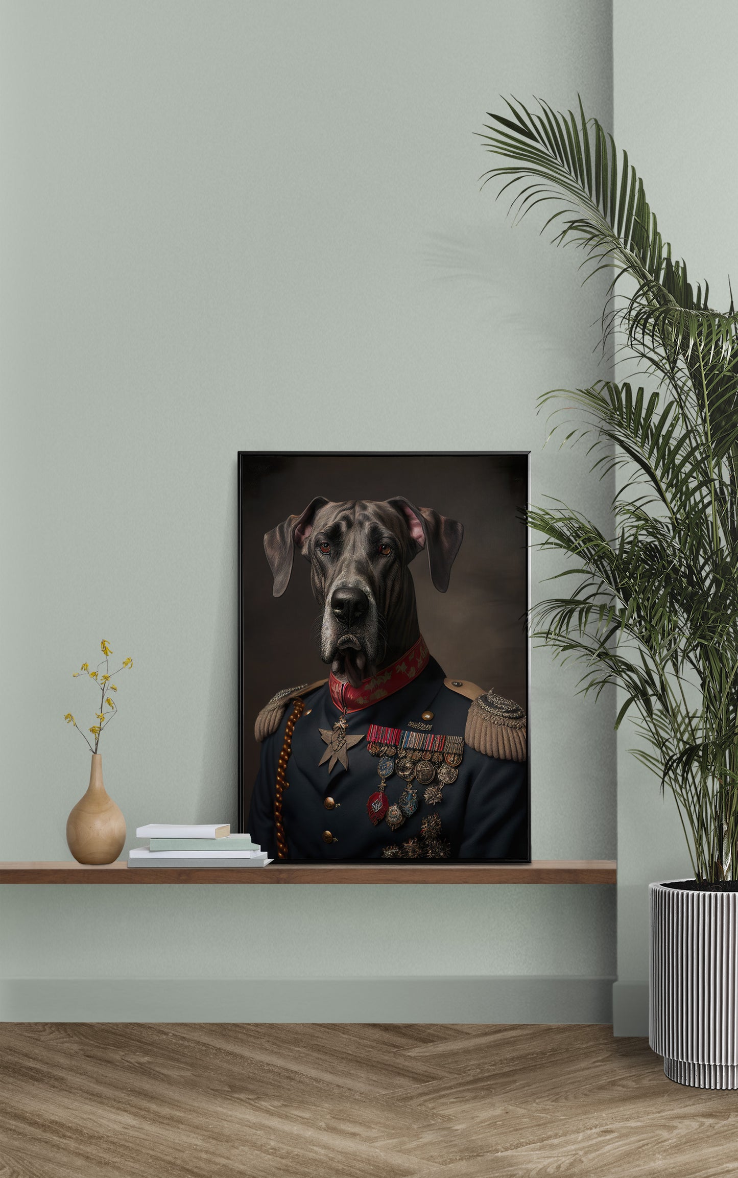 Poster de Grand Danois en Uniforme Militaire - Décoration Murale Animaux, Affiche Chien Dogue Allemand