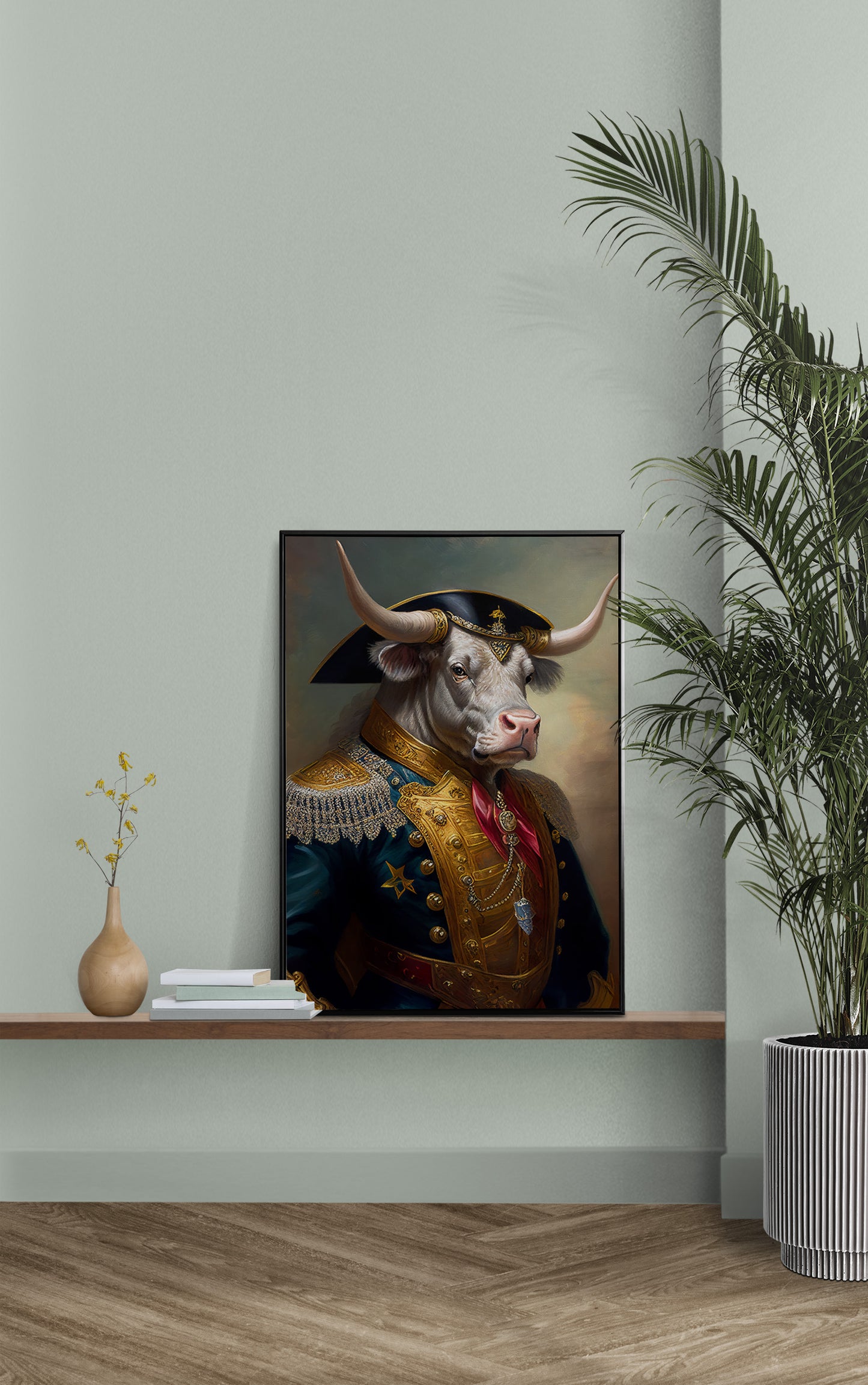 Bull Poster in Military Uniform | Animal Wall Art Decoration | Unique Bull Portrait Poster