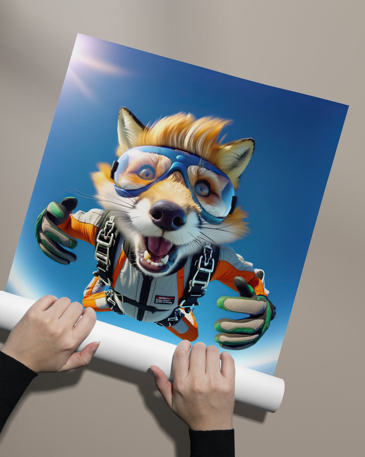 Skydiving Fox in Free Fall Poster - Epic Animal Wall Art Print for Extreme Sports Decor & Unique Animal Lover Gift