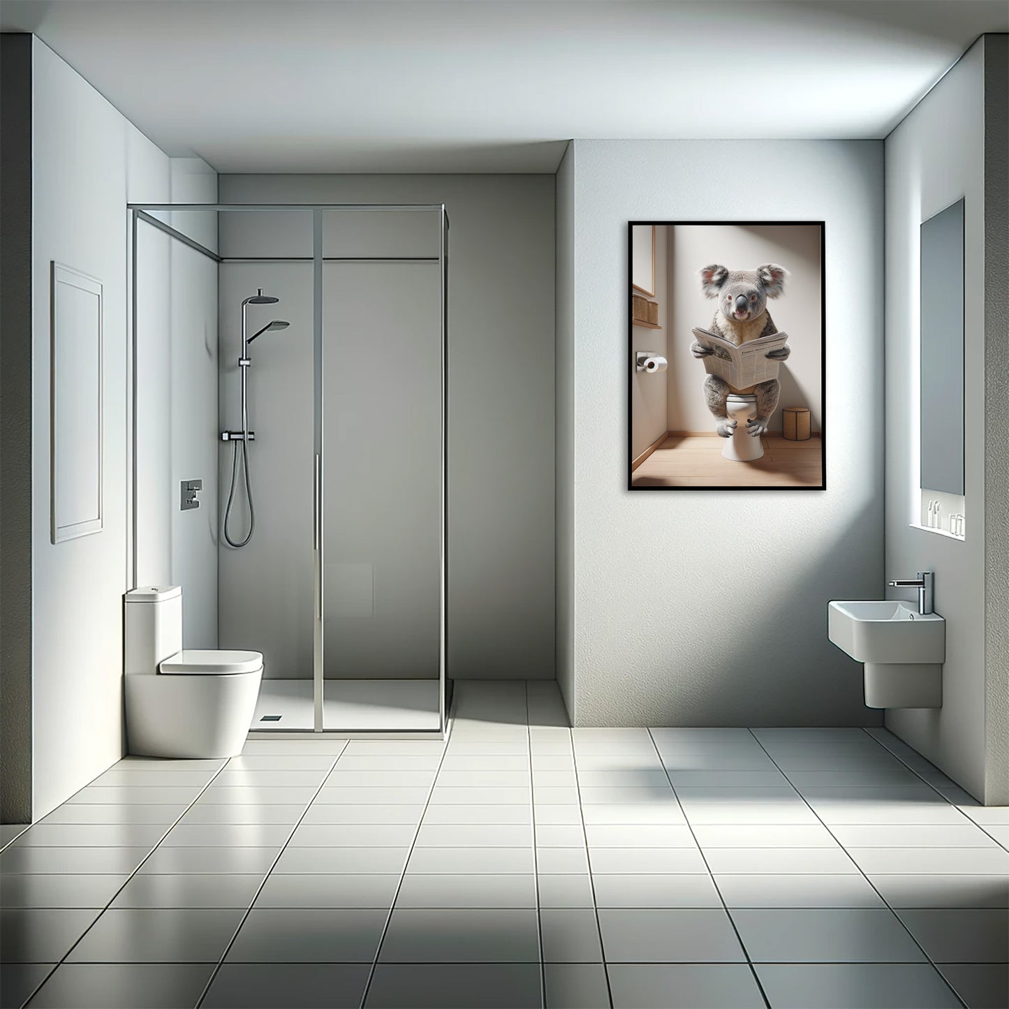 Funny Koala Reading Newspaper on Toilet Poster - Quirky Bathroom Wall Art Décor - Unique Gag Gift