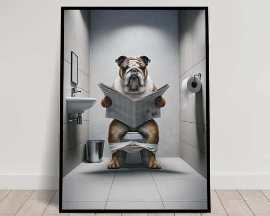 English Bulldog Reading Newspaper Poster – Fun Bathroom Decor, Unique WC Toilet Wall Art, Perfect Gift