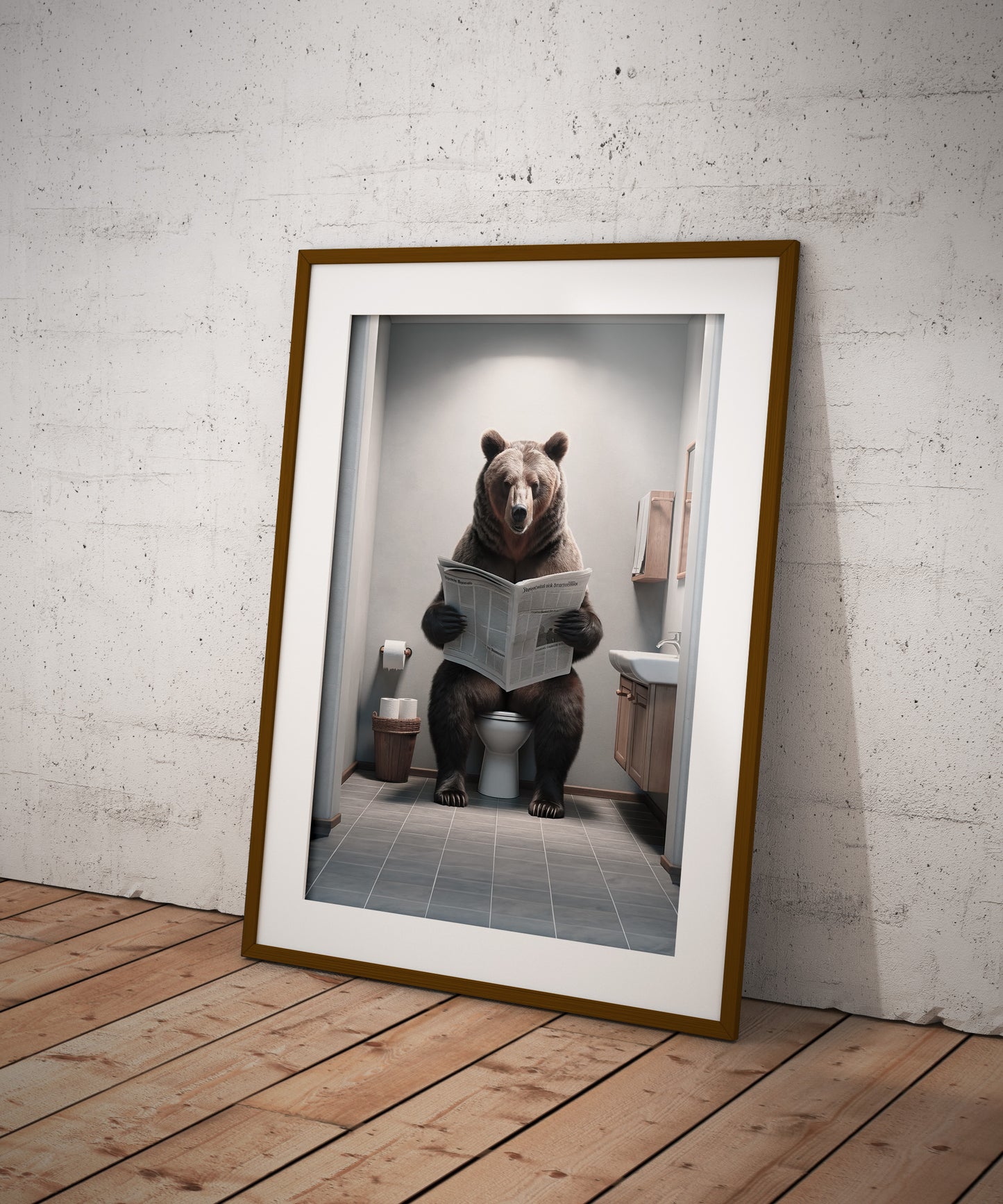 Brown Bear Reading Newspaper Poster – Unique Funny Bathroom Wall Art for WC – Perfect Decorative Gift