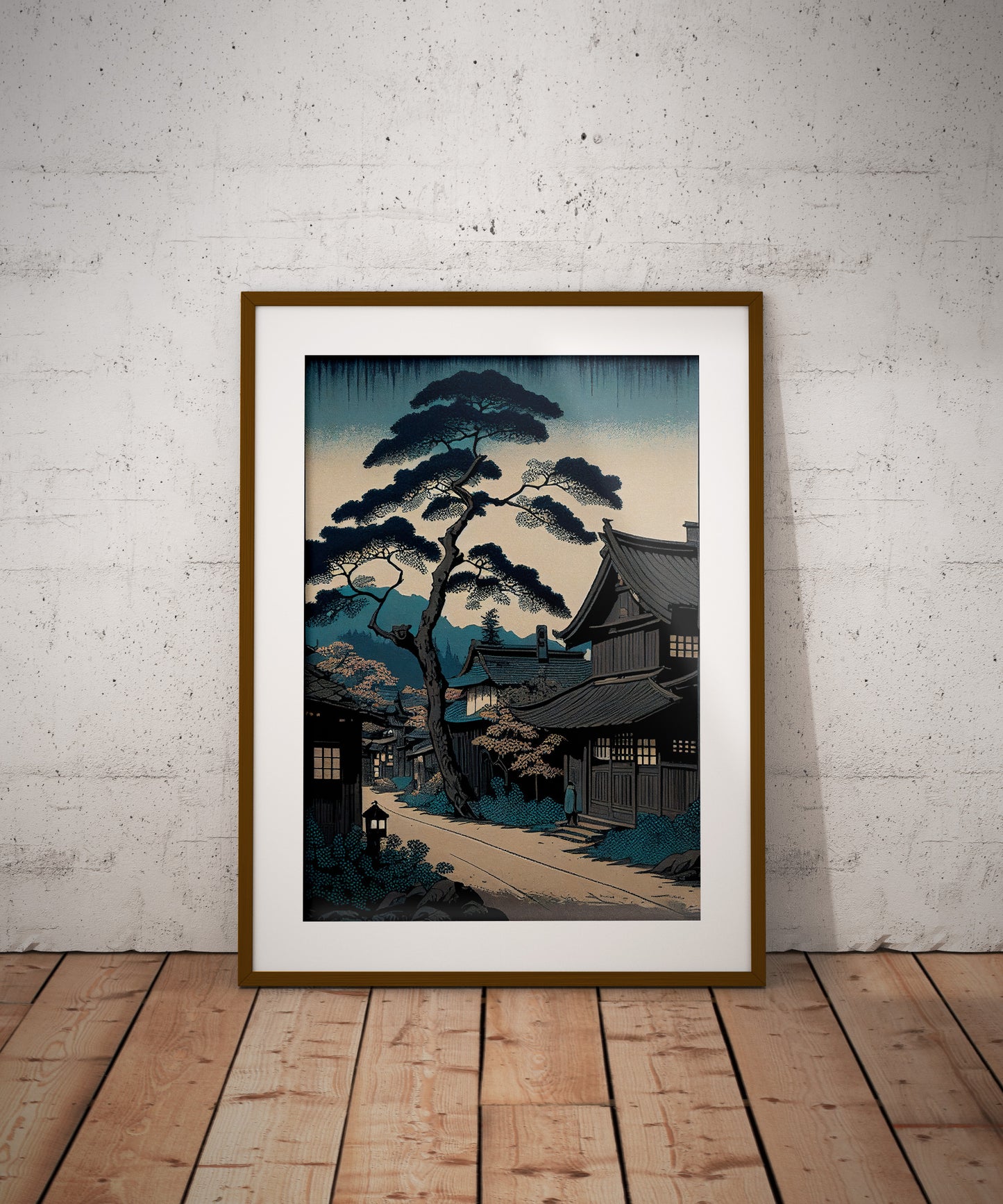 Affiche Murale Village Japonais Bleu - Poster Ukiyo-e Japon, Art Japonais Traditionnel, Impression Village Asiatique