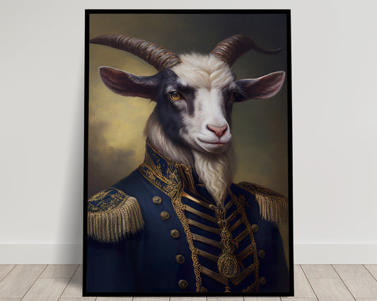 "Goat in Military Uniform Poster - Unique Animal Wall Art Decoration for Framing - Heroic Goat Portrait"