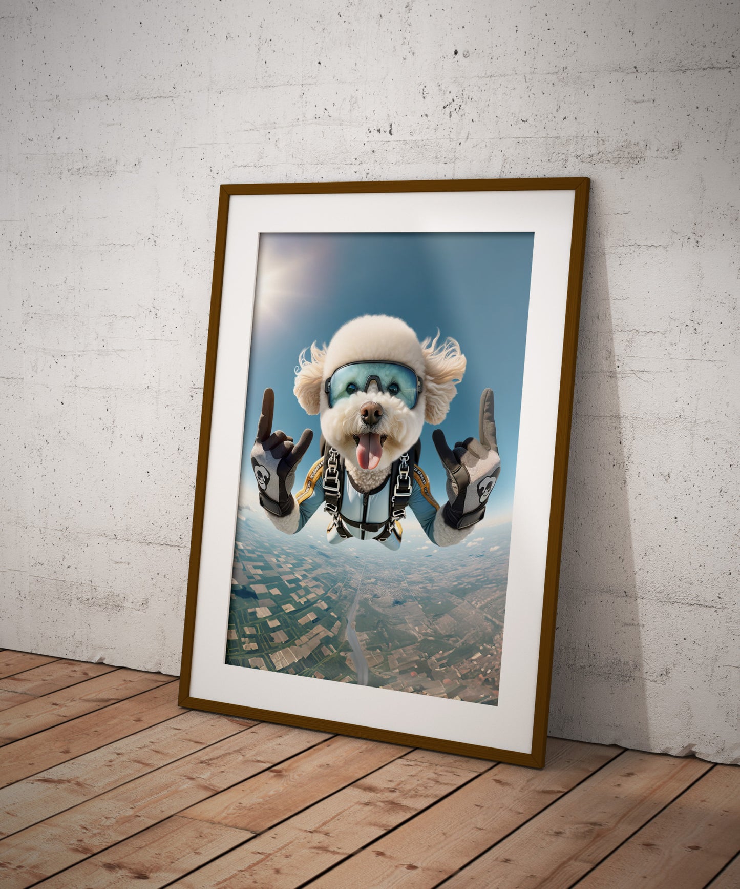 Affiche d'un Bichon Frisé en chute libre - Poster Chien Skydiving, Décor Sport Extrême, Idée Cadeau Originale