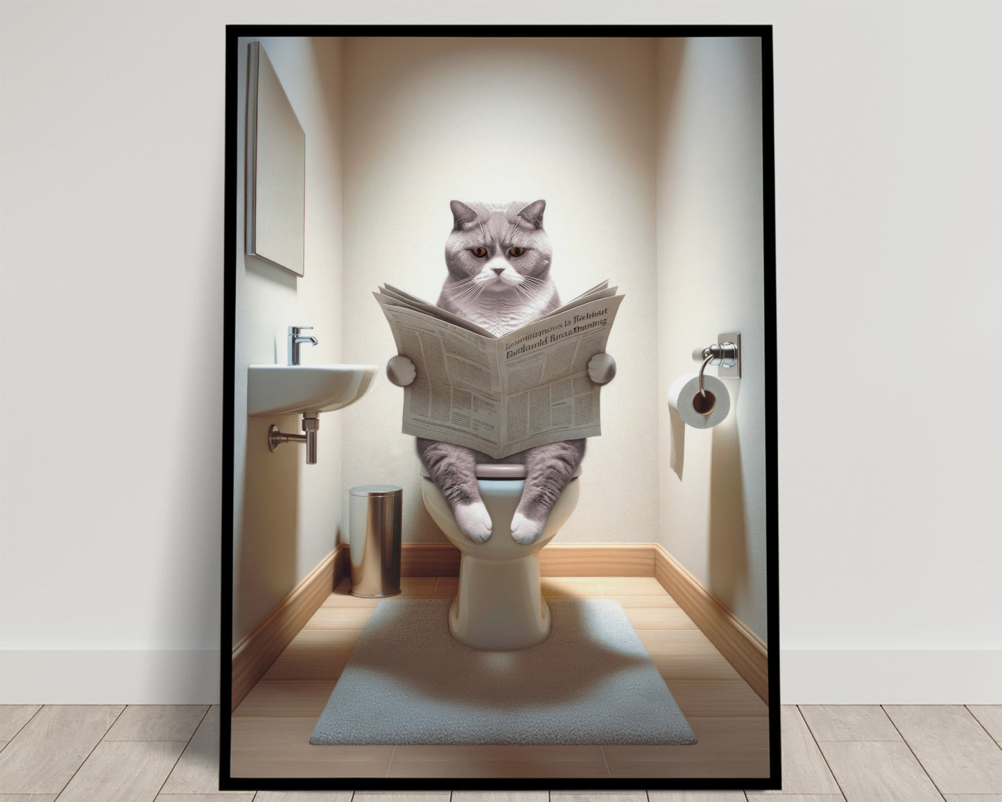 Poster of a British Shorthair Lilac White Cat on Toilet - Funny Bathroom Decor | Wall Art for Bathroom | WC Toilet Poster | Gag Gift