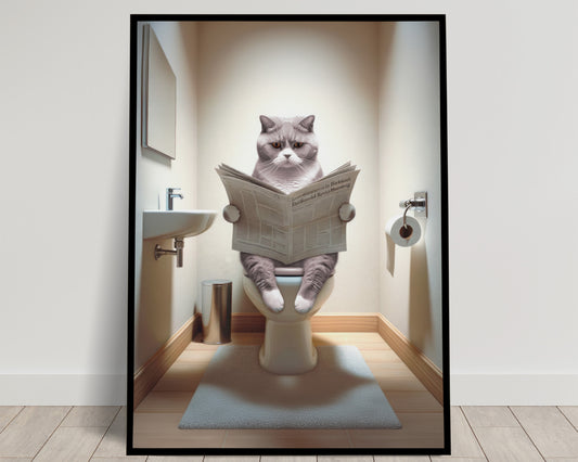 Affiche murale Chat British Shorthair Lilas-Blanc sur toilettes, Déco WC Humour, Poster Salle de Bain Cadeau