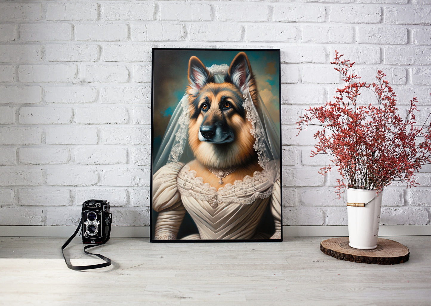 German Shepherd Wearing Wedding Dress Poster – Unique Animal Wall Art, Bride Decor, Perfect Gift for Dog Lovers