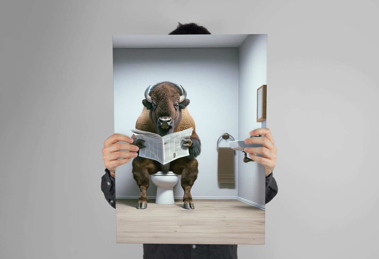 Funny Bison Reading Newspaper on Toilet Poster - Unique Bathroom Wall Art, WC Decor, Humorous Gift