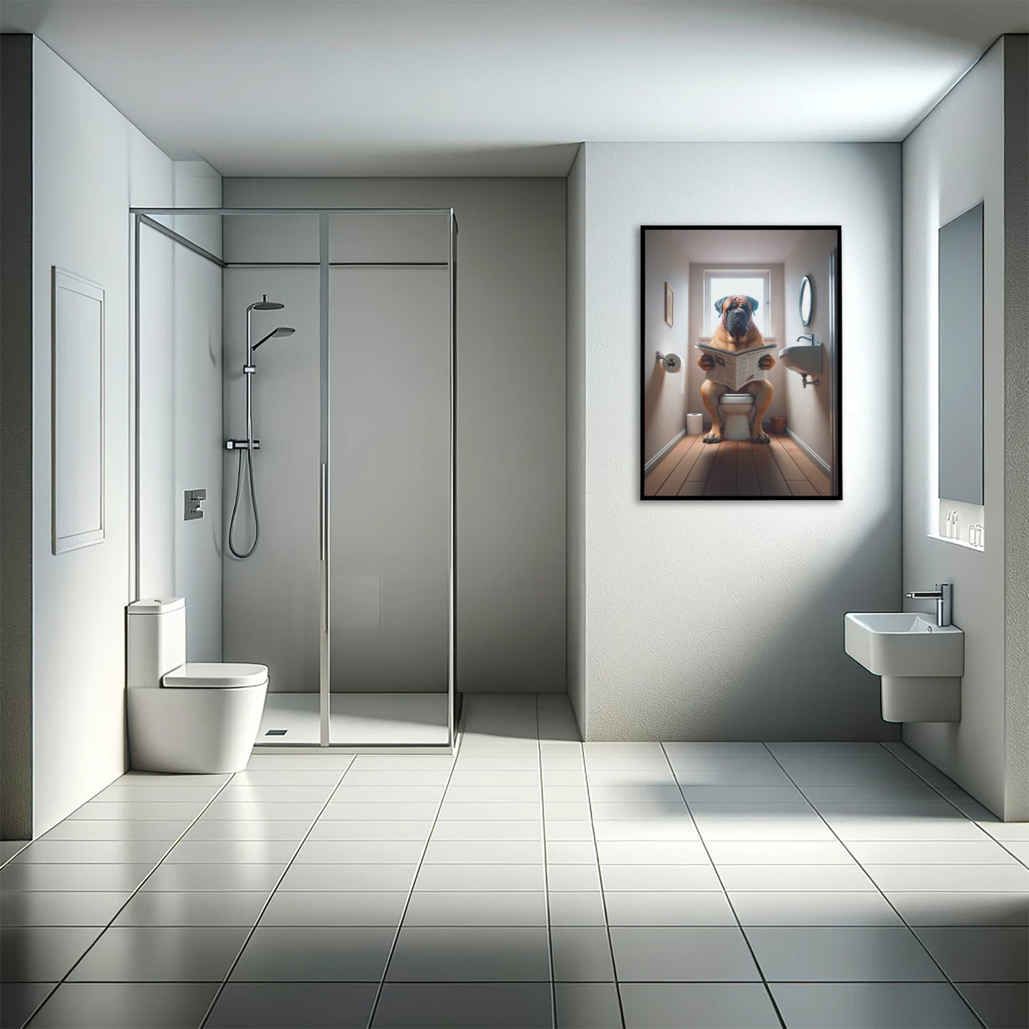 Bullmastiff Dog Reading Newspaper Poster – Funny Bathroom Wall Art, Gag Gift – WC Toilet Decor