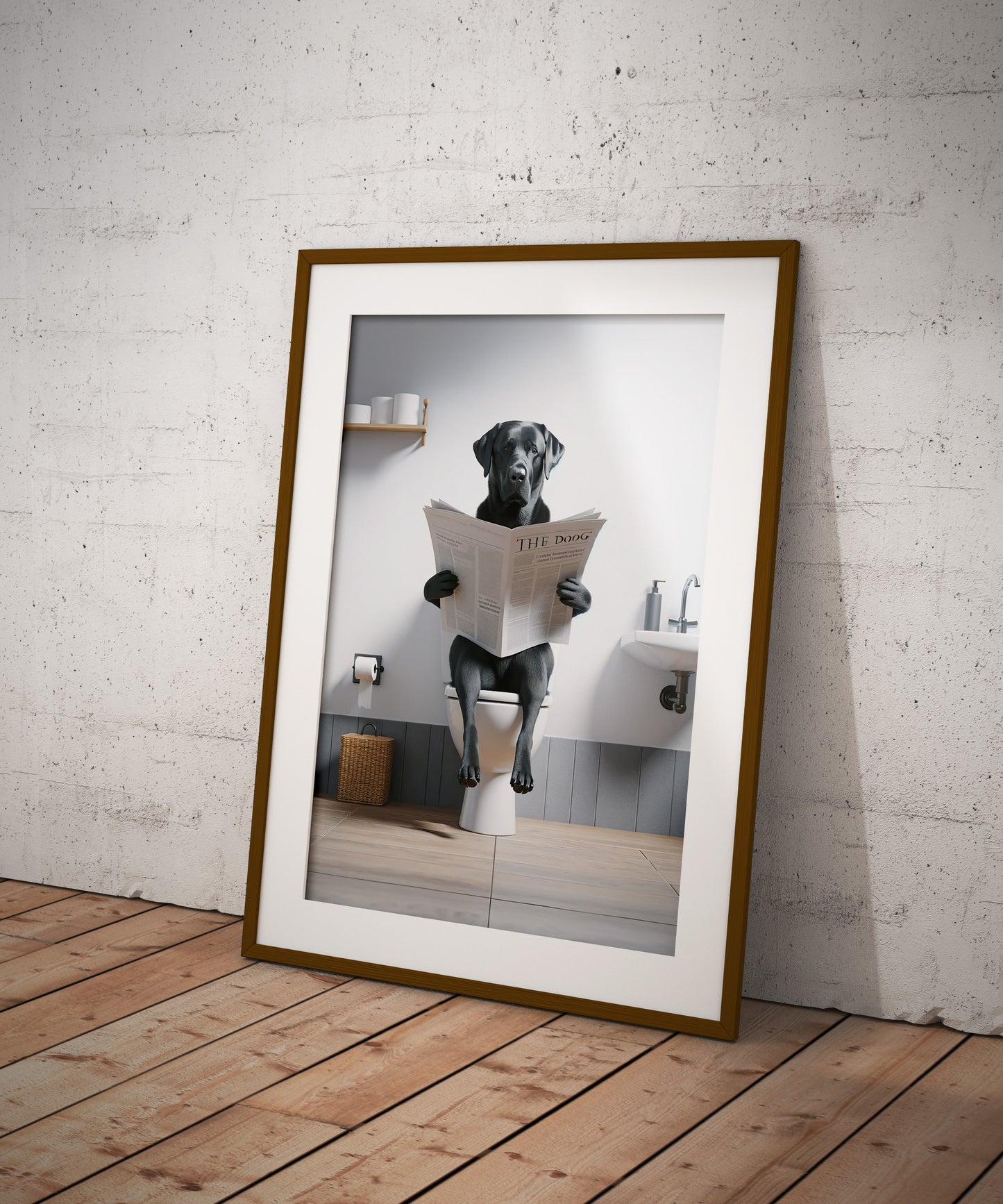 Funny Black Lab Bathroom Wall Art - Unique Poster of Dog Reading Newspaper on Toilet - Comical WC Decor & Gift