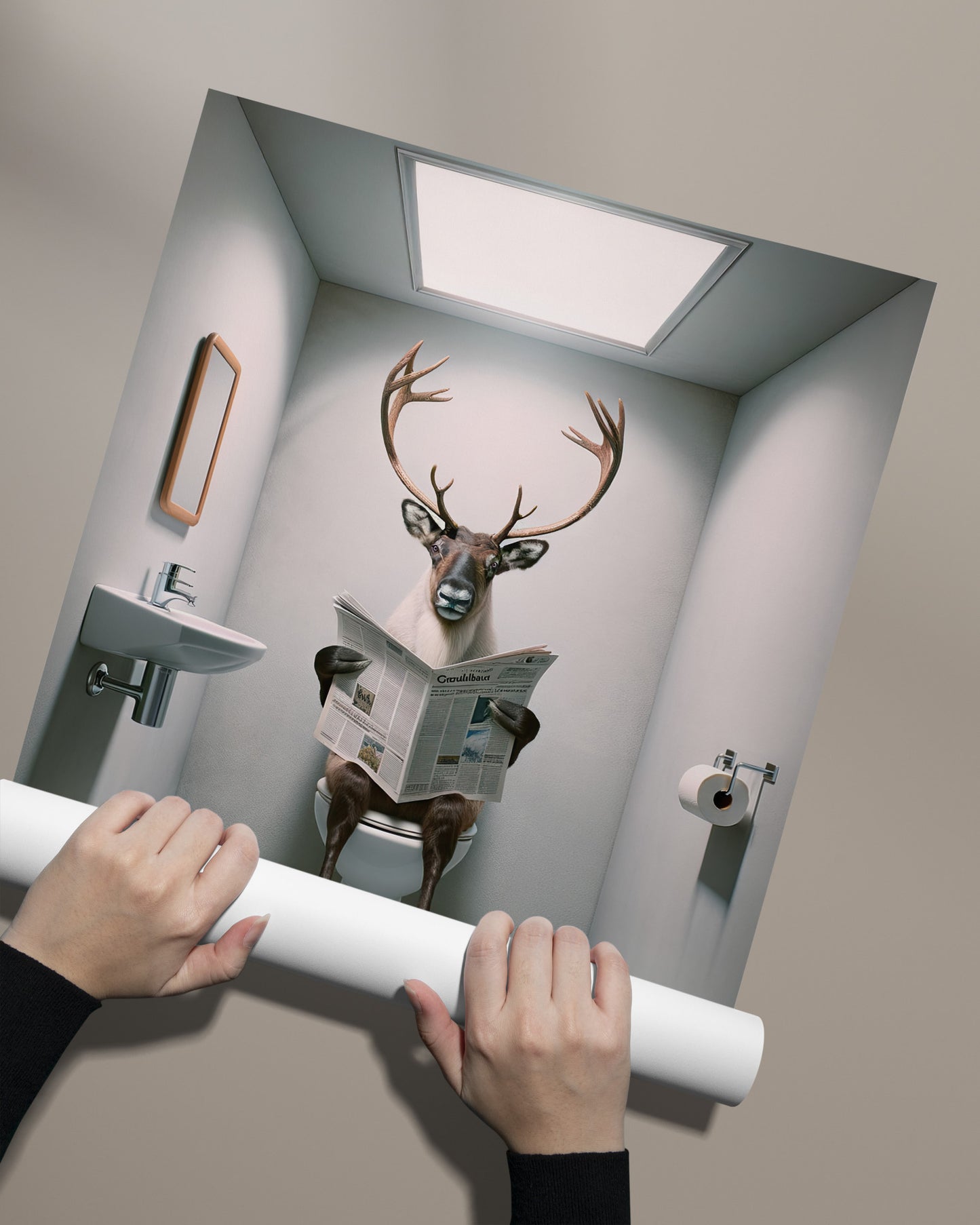 Poster Humoristique : Caribou Lisant le Journal aux Toilettes - Décoration Salle de Bain, Cadeau Amusant Art Mural