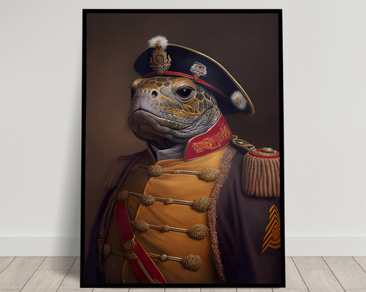 Poster Tortue en Uniforme Militaire - Impression Murale Héroïque, Peinture Ancienne Décorative