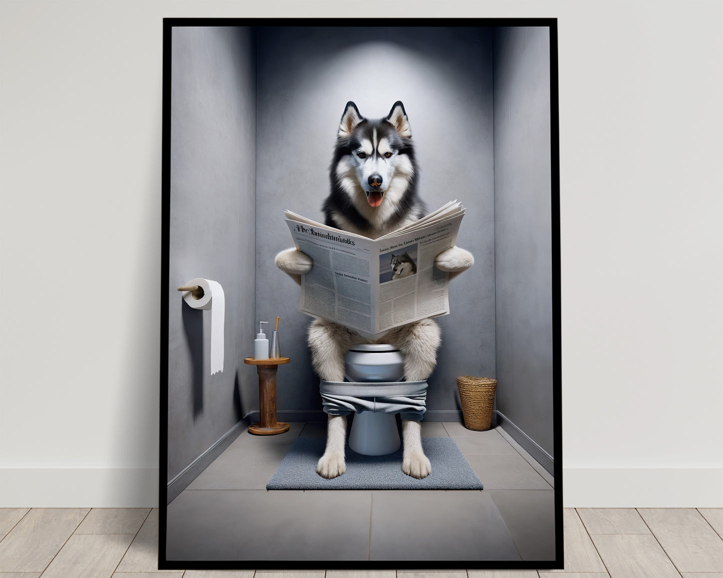 Poster Humoristique Husky lisant le Journal, Déco WC, Cadre Salle de Bain, Idée Cadeau Amusante