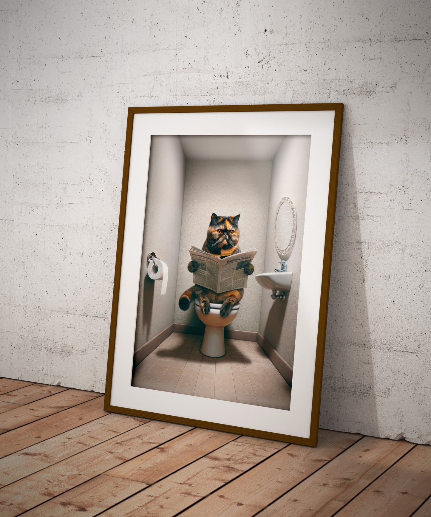 Affiche murale humour: Chat Exotic Shorthair lisant aux toilettes – Déco WC & Salle de bain