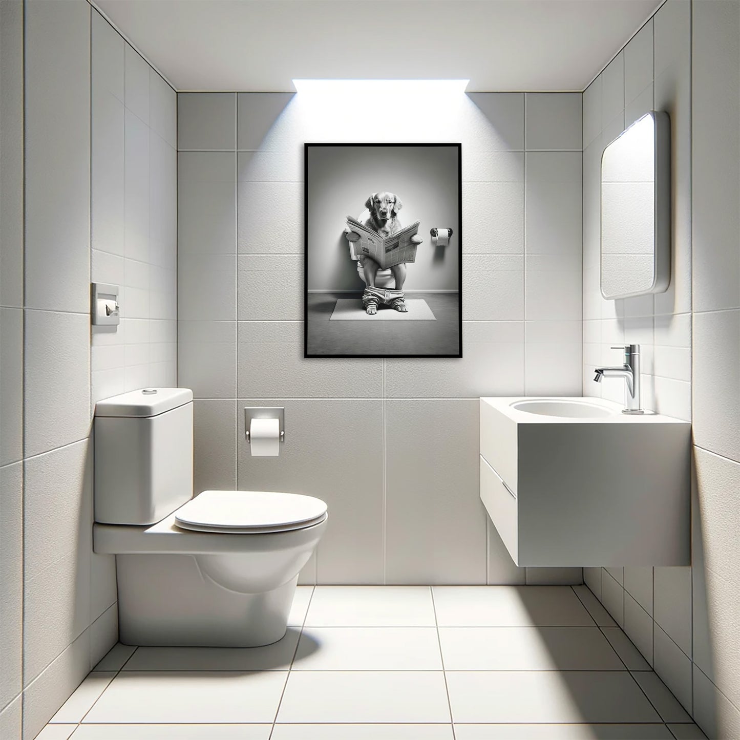 Golden Retriever Reading on Toilet - Fun Bathroom Decor Wall Art, Black and White WC Toilet Poster Gift