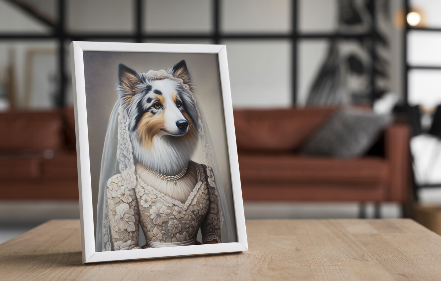 Australian Shepherd Poster in Wedding Dress - Funny Dog Bride Wall Art Decor - Unique Gift Frame