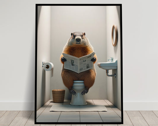 Groundhog Reading Newspaper Poster - Funny Bathroom Wall Art Decor, Unique Gag Gift for Toilet or WC