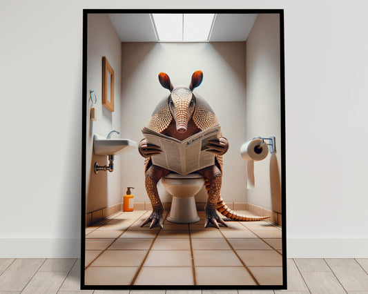 Armadillo Reading Newspaper Poster - Funny Bathroom Wall Art Decor - Unique WC Toilet Gag Gift