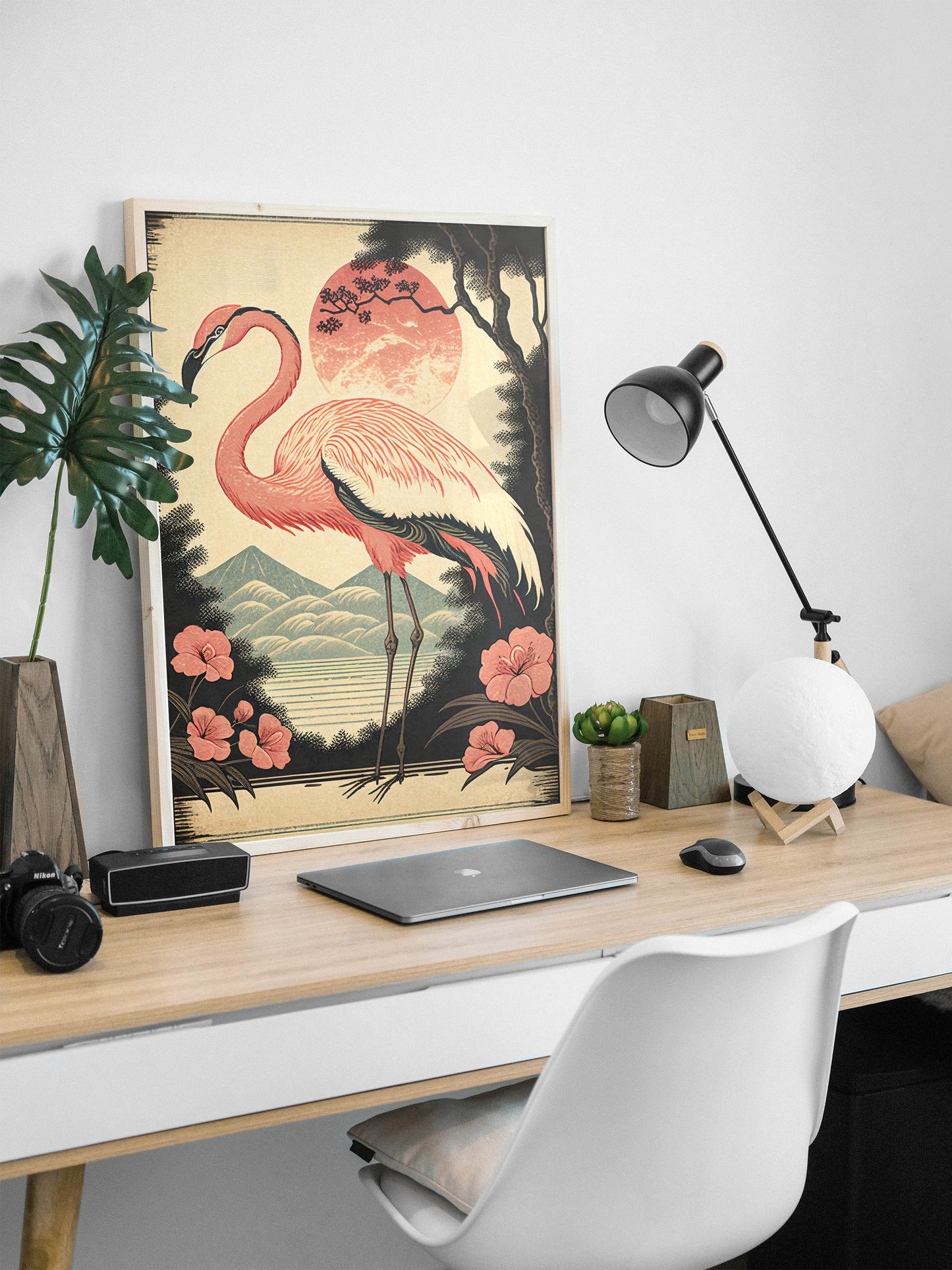 Poster Vintage Flamant Rose - Art Japonais Style Ukiyo-e, Impression Murale, Décoration Affiche Murale