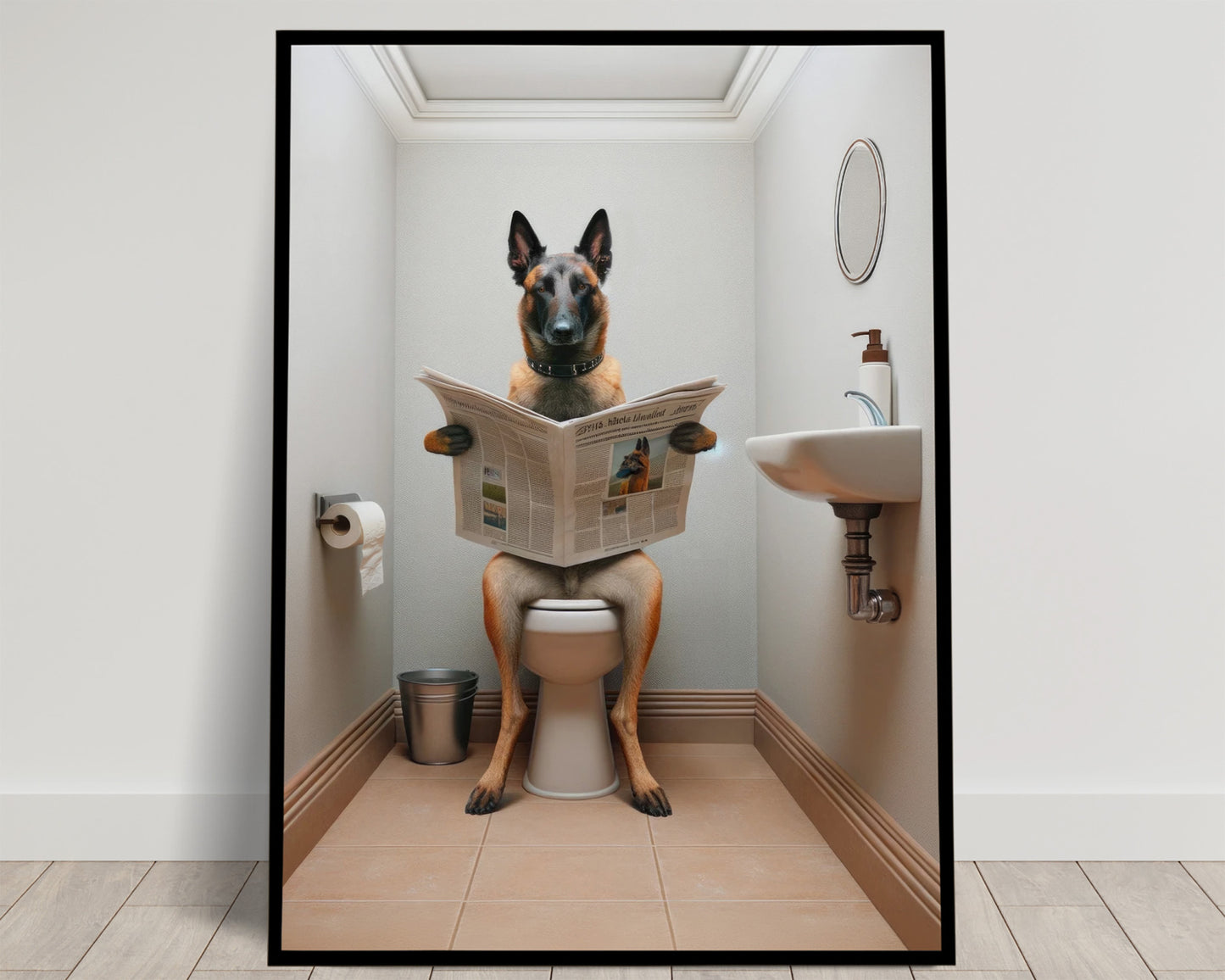 Belgian Malinois Dog Reading Newspaper Poster - Fun Bathroom Wall Art - WC Toilet Gag Gift - Belgian Shepherd Decor