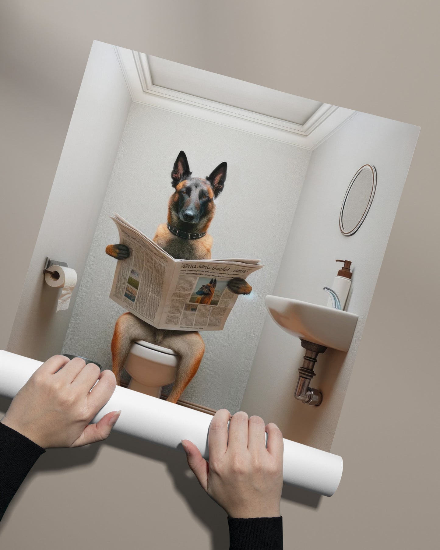 Belgian Malinois Dog Reading Newspaper Poster - Fun Bathroom Wall Art - WC Toilet Gag Gift - Belgian Shepherd Decor