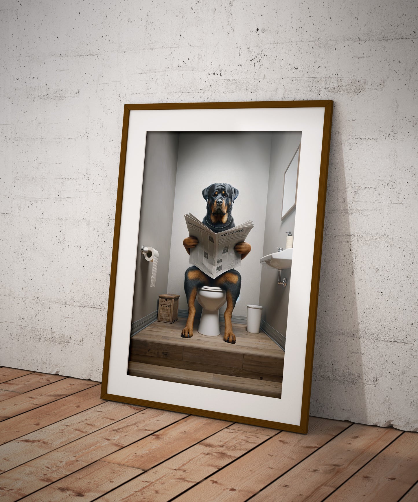 Rottweiler on Toilet Reading Newspaper Poster - Fun Bathroom Wall Art, Unique WC Decor, Humorous Gift