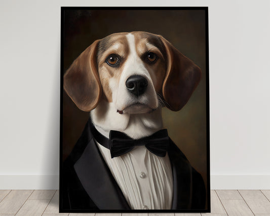 Poster portrait Beagle en smoking - Art mural chien élégant, Décoration mur drôle, Impression motif Tuxedo