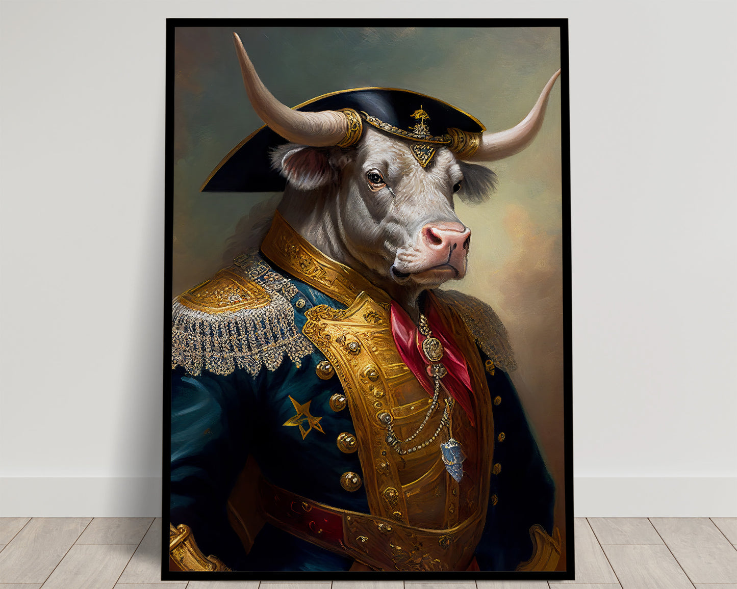 Bull Poster in Military Uniform | Animal Wall Art Decoration | Unique Bull Portrait Poster