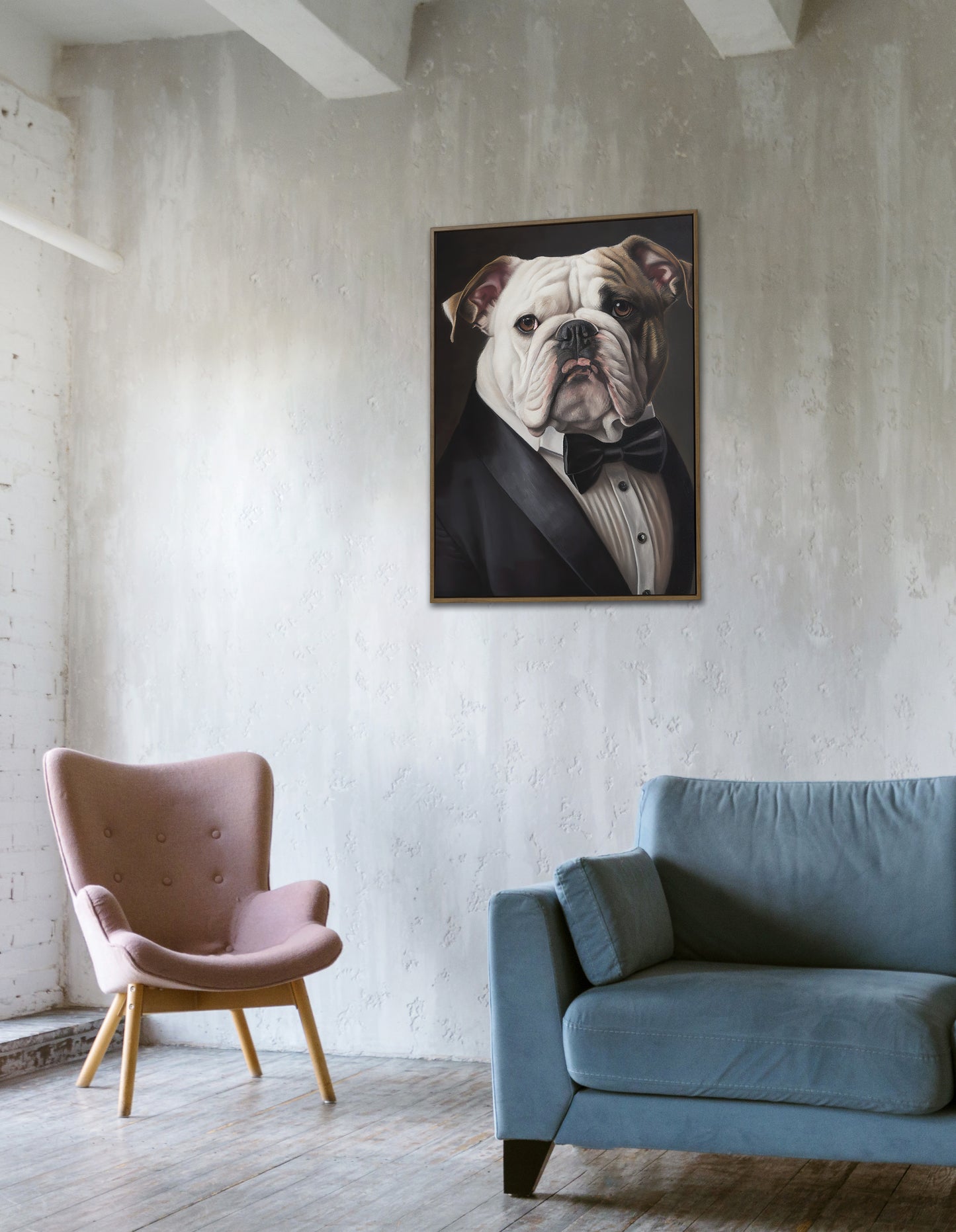 Poster Bulldog Anglais en Smoking | Art Mural Humour | Impression Bouledogue Tuxedo | Décoration Murale Chien Chic