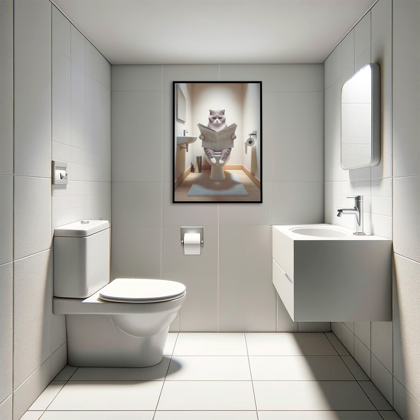 Poster of a British Shorthair Lilac White Cat on Toilet - Funny Bathroom Decor | Wall Art for Bathroom | WC Toilet Poster | Gag Gift