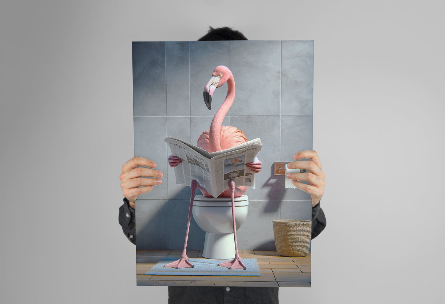 Poster Humour : Flamant Rose lisant le journal sur les toilettes, Décoration Salle de bain, Cadre WC, Cadeau Amusant