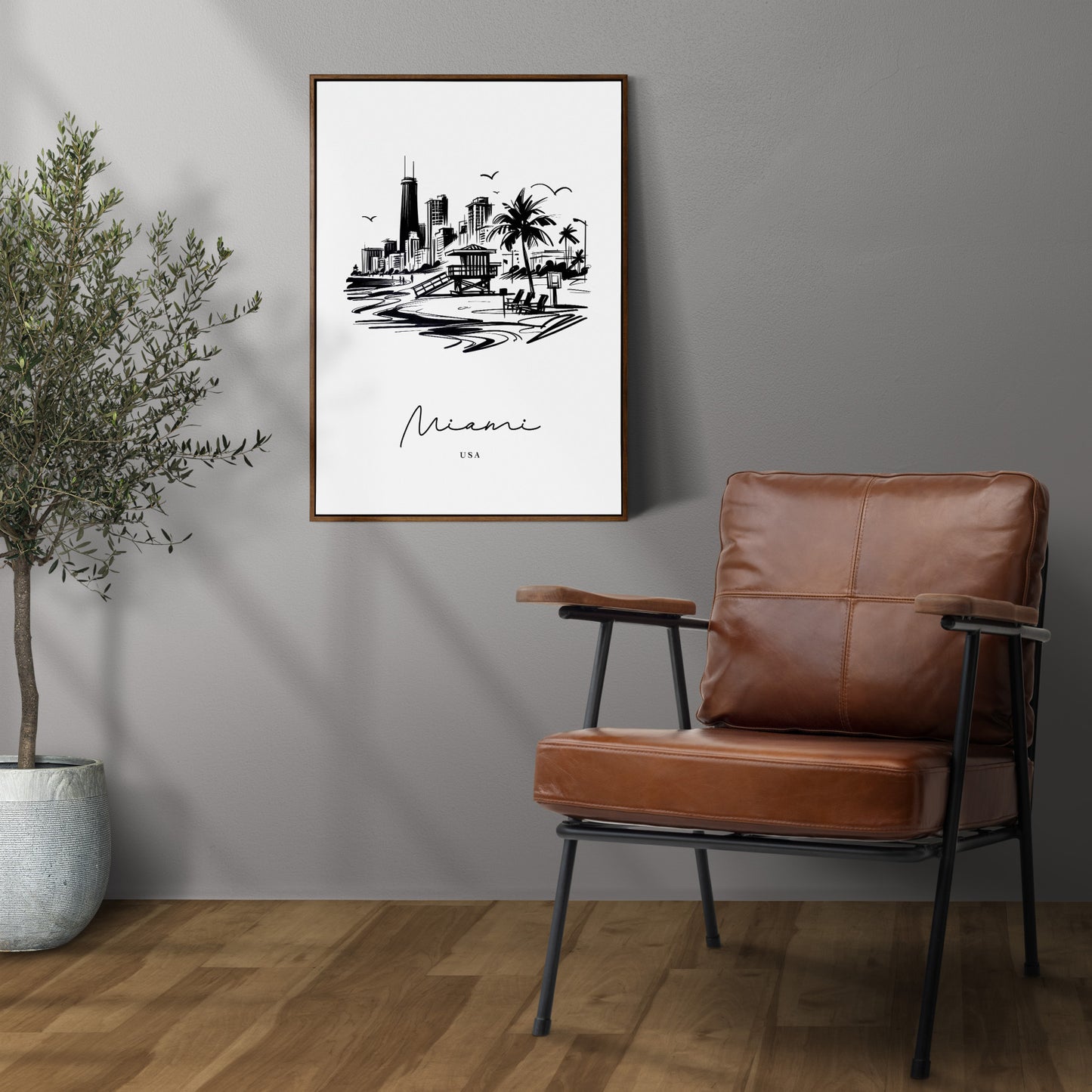 Miami Poster - Black and White Sketch of Landmarks | Living Room, Bedroom & Office Wall Art | Unique Travel Gift Decor