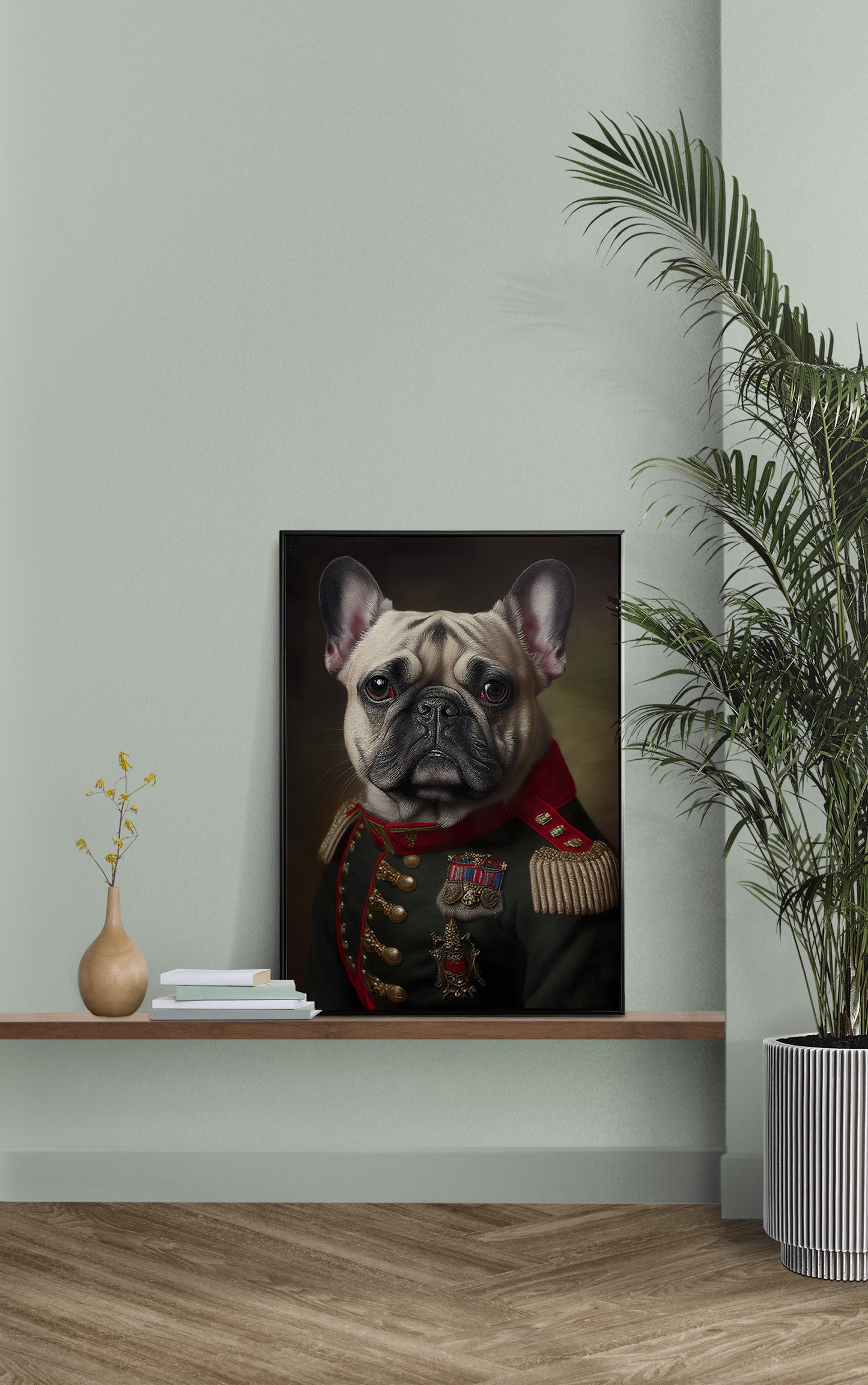 Poster mural : Portrait d'un Bulldog Français en Uniforme Militaire - Affiche murale chien, Décoration animale à encadrer