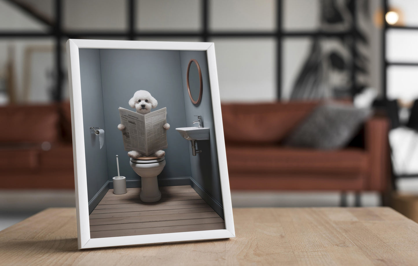 "Funny Bichon Frise Reading Newspaper on Toilet Poster | Bathroom Wall Art | Hilarious Gag Gift Décor"