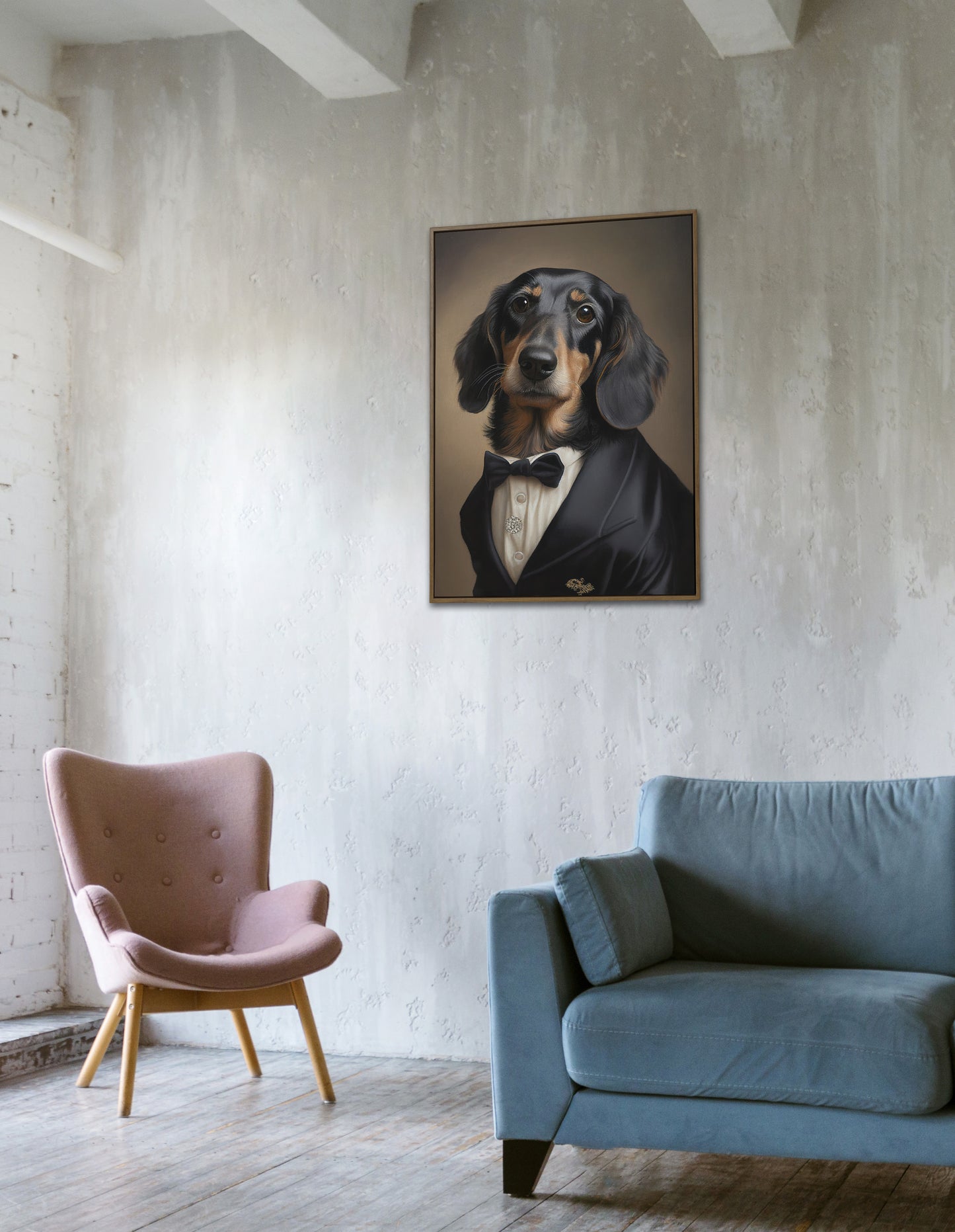 Poster Portrait Teckel en Smoking - Impression Murale Tuxedo - Art Mural Chien Chic et Humoristique