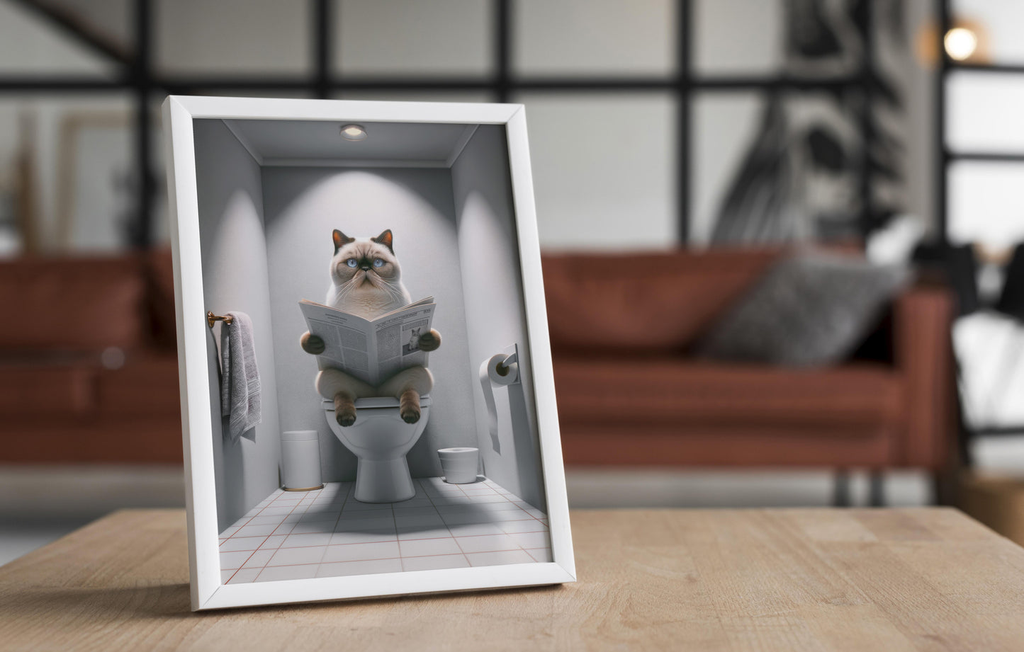 Affiche Murale Humour: Chat Exotic Shorthair Siamois lisant aux Toilettes, Déco WC & Salle de Bain, Cadeau Unique Chat