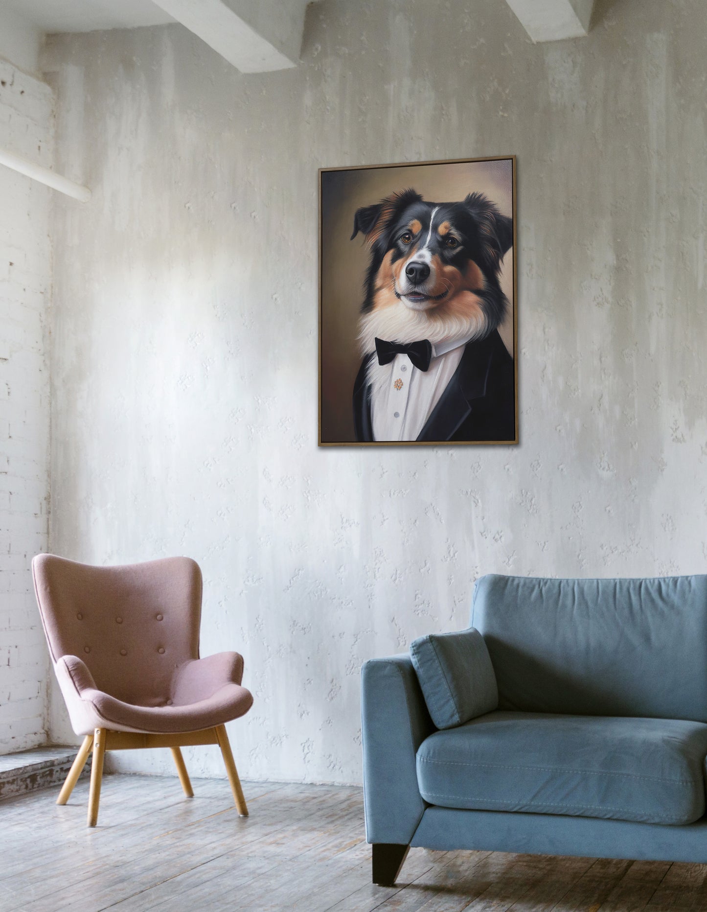 Chic Dog Poster - Australian Shepherd in Tuxedo | Humorous Wall Art | Portrait Print