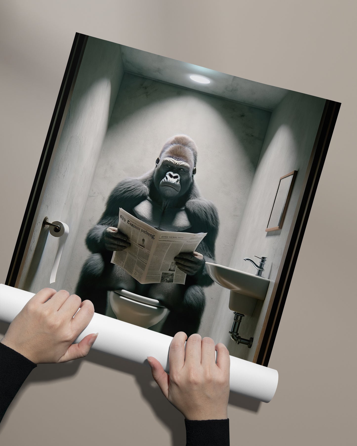 Gorilla Reading Newspaper on Toilet Poster – Funny Bathroom Wall Art, Unique WC Decor, Hilarious Gift Idea