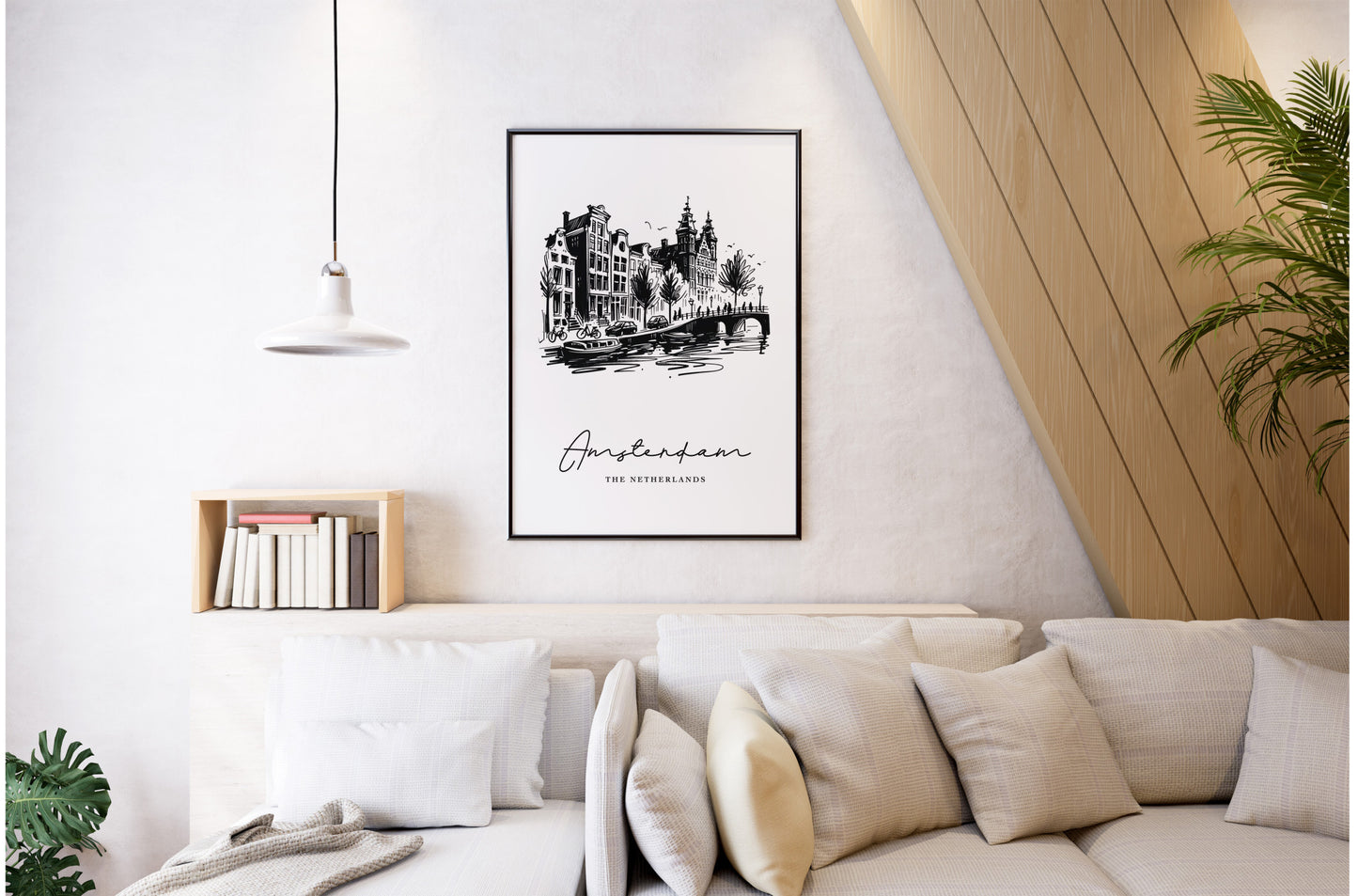 Poster des canaux d'Amsterdam - Art mural illustré pour salon, chambre et bureau, Idée cadeau chic et décoratif.