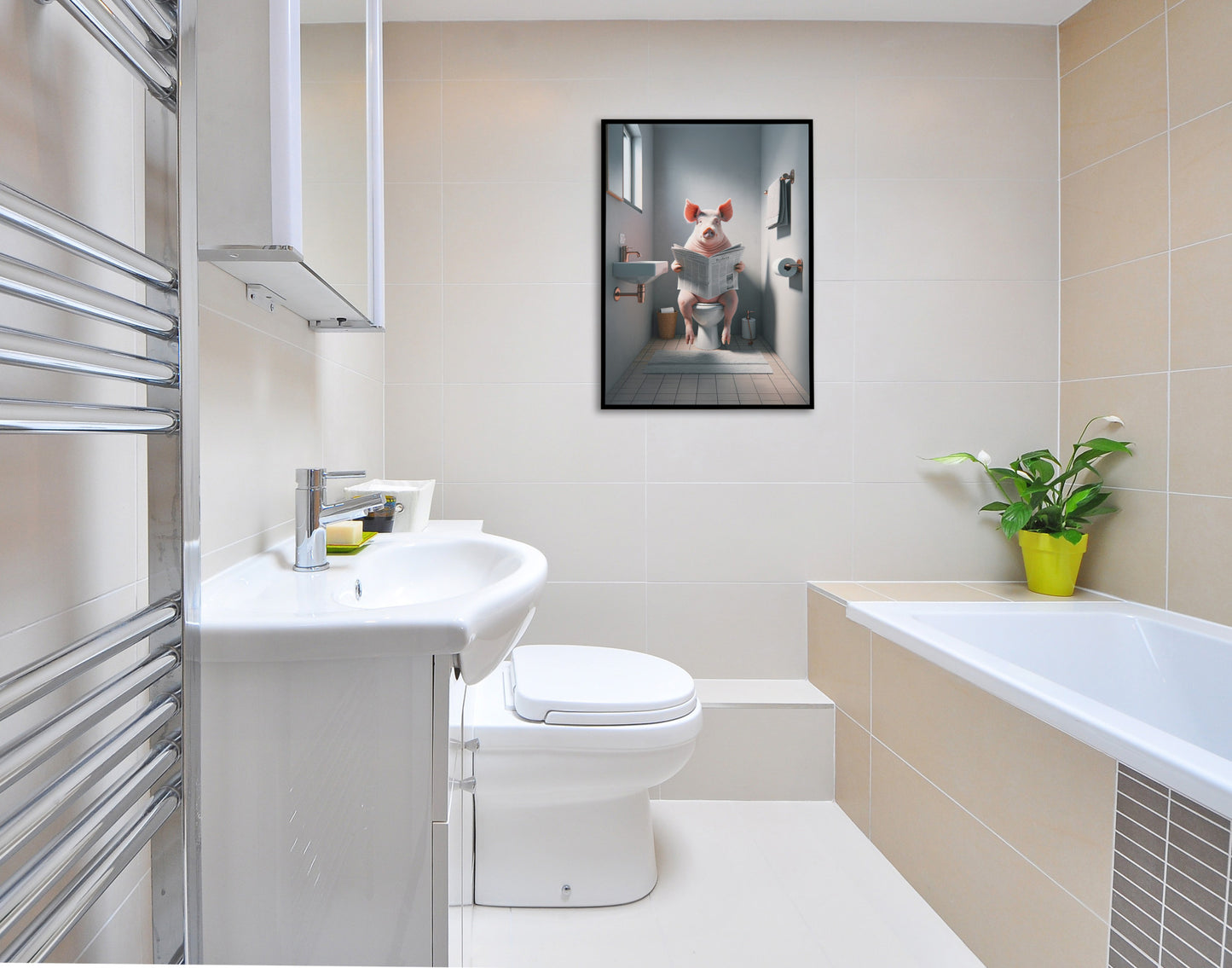 Poster Cochon Lisant Journal sur Toilettes - Décoration Humour WC - Cadre Salle de Bain - Cadeau Fun Amusant