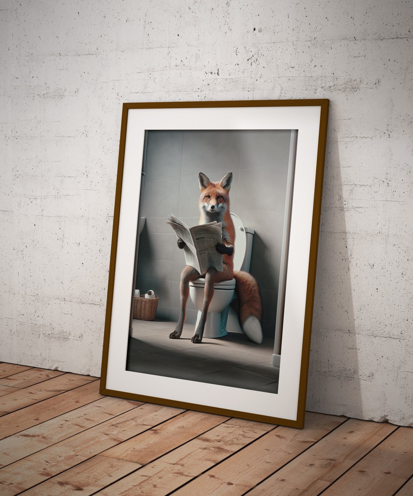 Funny Fox on Toilet Reading Newspaper Poster - Unique Bathroom Wall Art, Humorous WC Decor, Gag Gift