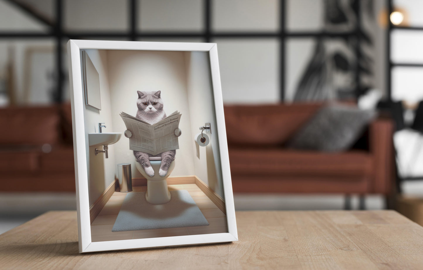 Poster of a British Shorthair Lilac White Cat on Toilet - Funny Bathroom Decor | Wall Art for Bathroom | WC Toilet Poster | Gag Gift