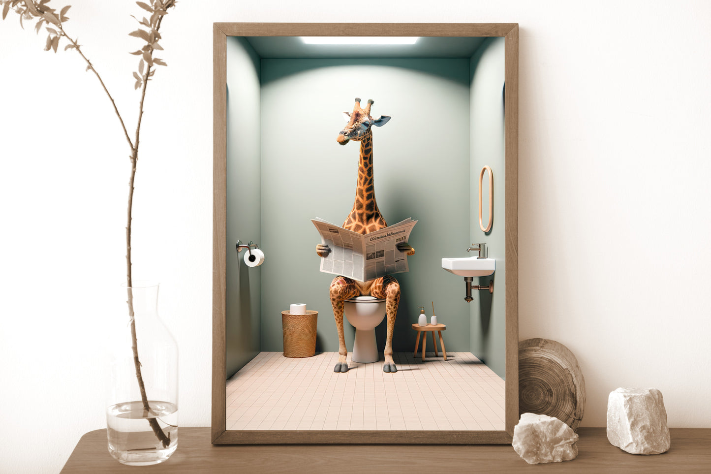 Poster Girafe Lisant Journal aux Toilettes, Décoration Humour Salle de Bain, Cadre Murale Drôle, Idée Cadeau Amusante