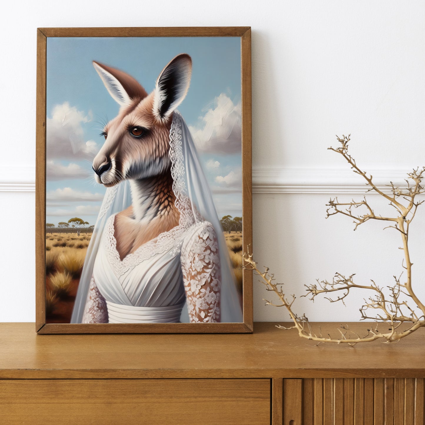 Kangaroo in Wedding Dress Poster - Unique Wall Art, Funny Animal Decor, Bride-Themed Print, Perfect Gift